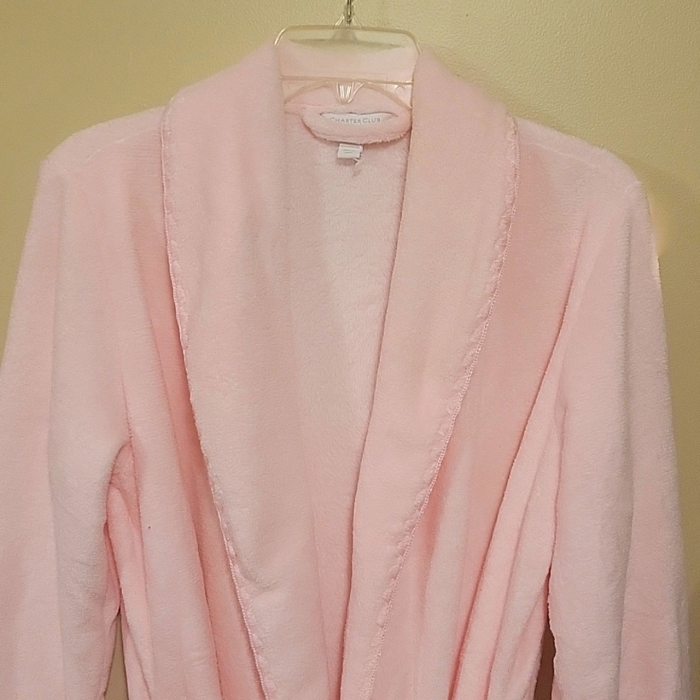 Charter Club Long Cozy Plush Robe Embroidered Trim. Pink, Medium - Picture 4 of 7
